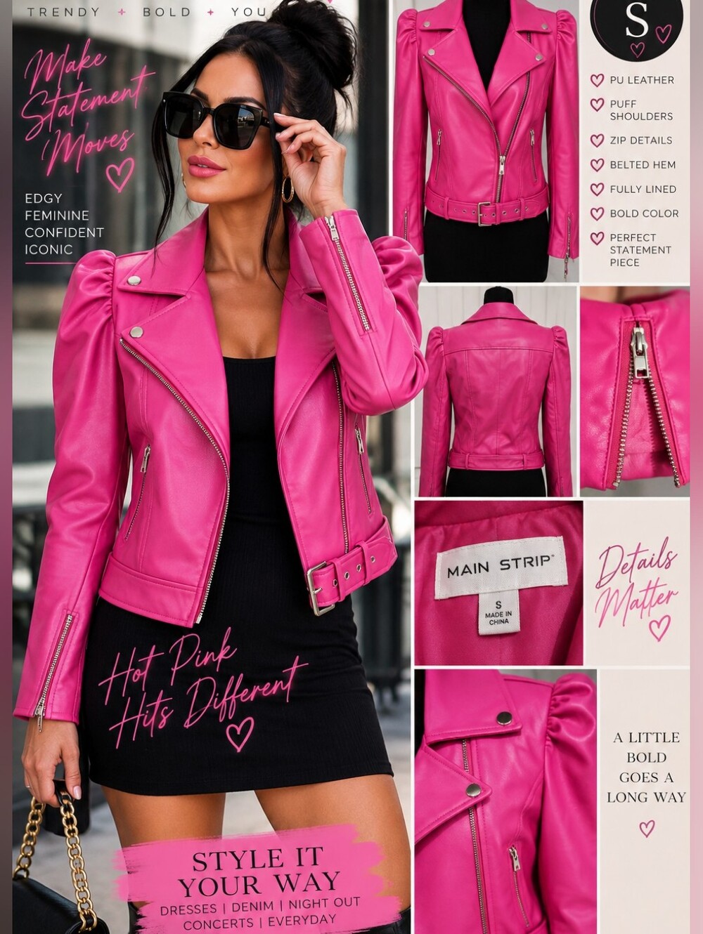 Main Strip Hot Pink Faux Leather Puff Sleeve Moto Jacket Belted S